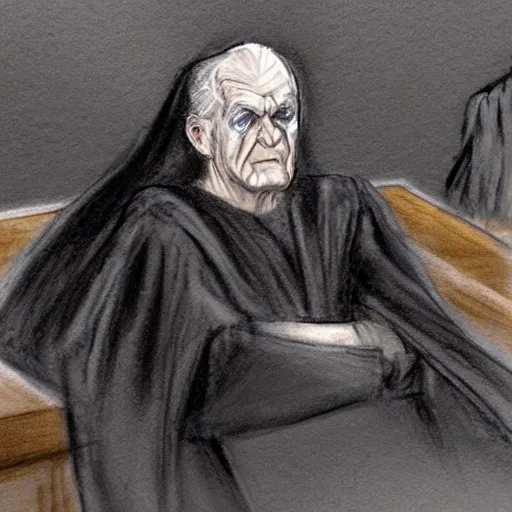 Prompt: courtroom sketch of emperor palpatine on trial