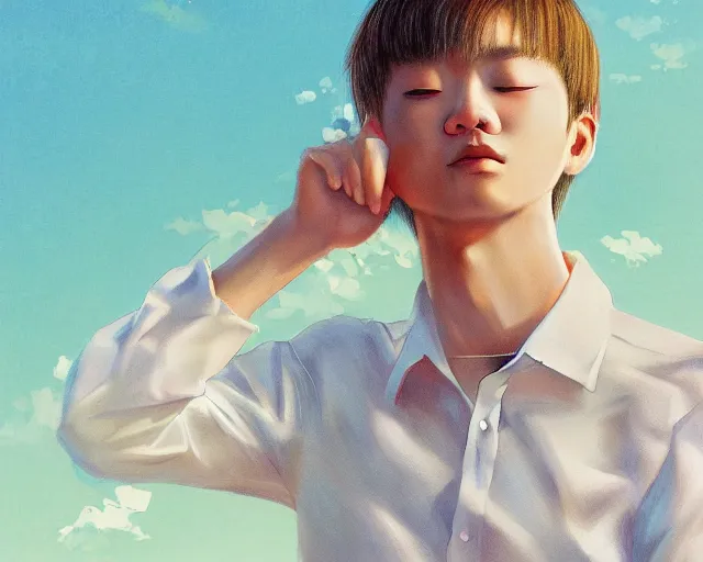 Image similar to teen looking at blue sky, wearing white shirt, cool pose, sharp details, sharp focus, detailed face, illustration, by pine ( ハイネ ) and 薯 子 imoko and 香 川 悠 作 and wlop and maya takamura, highly detailed, trending artstation, pixiv, digital art