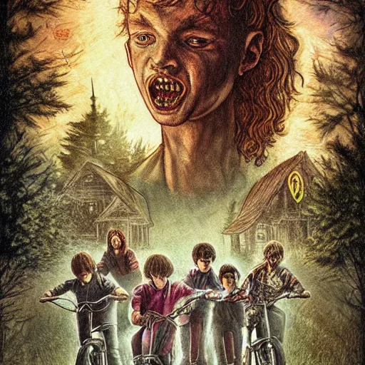 Image similar to fantasy painting of stranger things by judson huss and henriette grindat and albrecht durer | horror themed | creepy