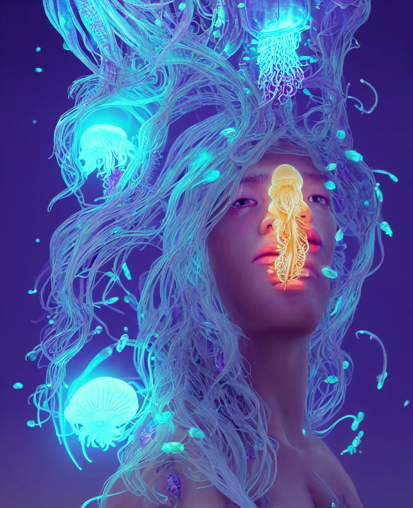 Image similar to goddess close-up portrait. orchid jellyfish phoenix head, nautilus, skull, betta fish, bioluminiscent creatures, intricate artwork by Tooth Wu and wlop and beeple. octane render, trending on artstation, greg rutkowski very coherent symmetrical artwork. cinematic, hyper realism, high detail, octane render, 8k