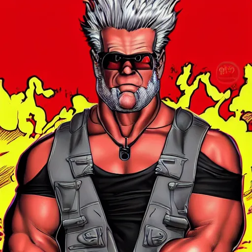 Image similar to Duke Nukem doing the Bateman stare, red tank-top, Duke Nukem 90s cover art