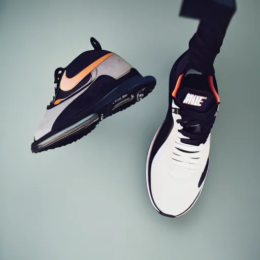 Image similar to a studio photoshoot of A Nike sneaker designed by Errolson Hugh, leather and suede, Acronym, realistic, color film photography by Tlyer Mitchell, 35 mm, graflex