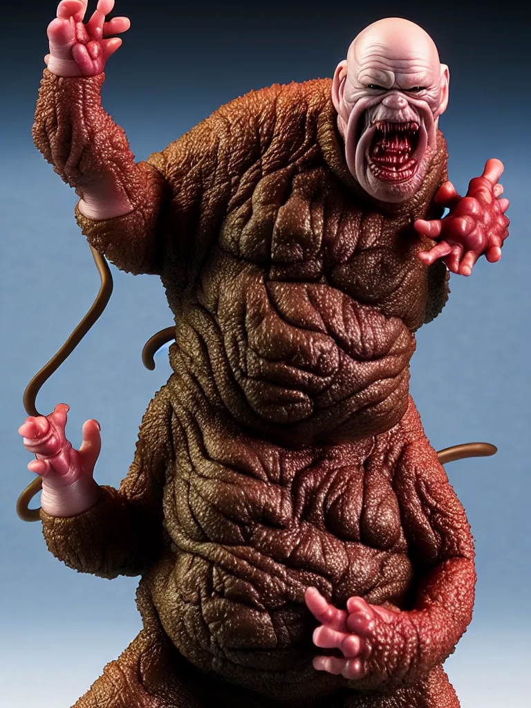 Image similar to hyperrealistic rendering, fat smooth john carpenter's the thing by bernie wrightson and killian eng and joe fenton, product photography, action figure, sofubi, studio lighting, colored gels, colored background