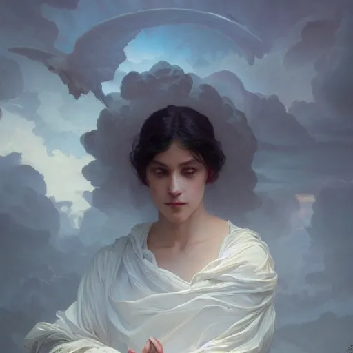 Image similar to hellscape watcher of clouds, intricate, elegant, highly detailed, digital painting, artstation, concept art, smooth, sharp focus, illustration, art by artgerm and greg rutkowski and alphonse mucha and william - adolphe bouguereau