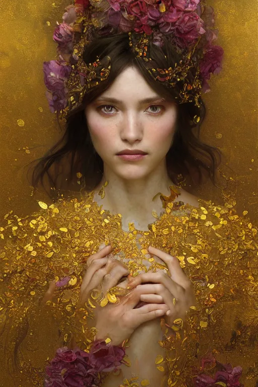 Image similar to an intricate painting of a beautiful young lady surrounded by flowing flower petals covered in silk clothes with klimt golden motives and textures, hyper detailed, ornamental gold headpiece, octane render, vivid colors, artstation, by jeremy mann, by alphonse mucha, by boris vallejo