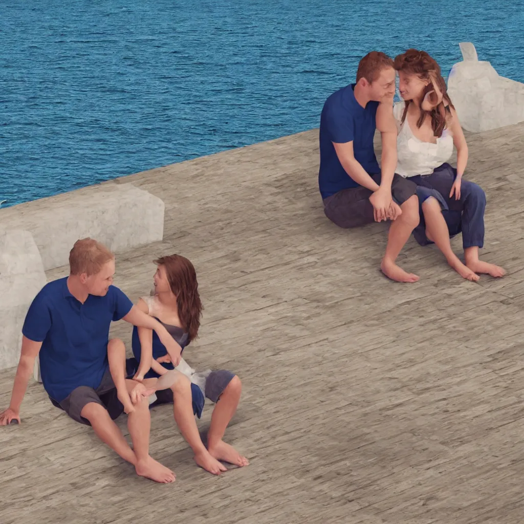 Prompt: romantic couple sitting next to the seafront in love 4k, photorealistic