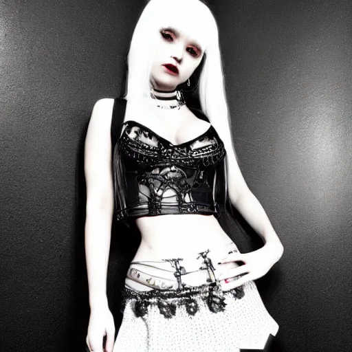 Image similar to kerli koiv animel goth girl in mini skirt and crop top intricate, extremely detailed, photograph, photorealistic, 8 k sensual lighting, incredible art, l