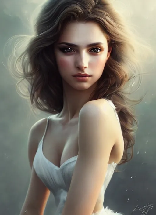 Prompt: a gorgeous female photo, professionally retouched, soft lighting, wearing a feather dress, realistic, smooth face, perfect eyes, wide angle, sharp focus on eyes, 8 k high definition, insanely detailed, intricate, elegant, art by artgerm and greg rutkowski