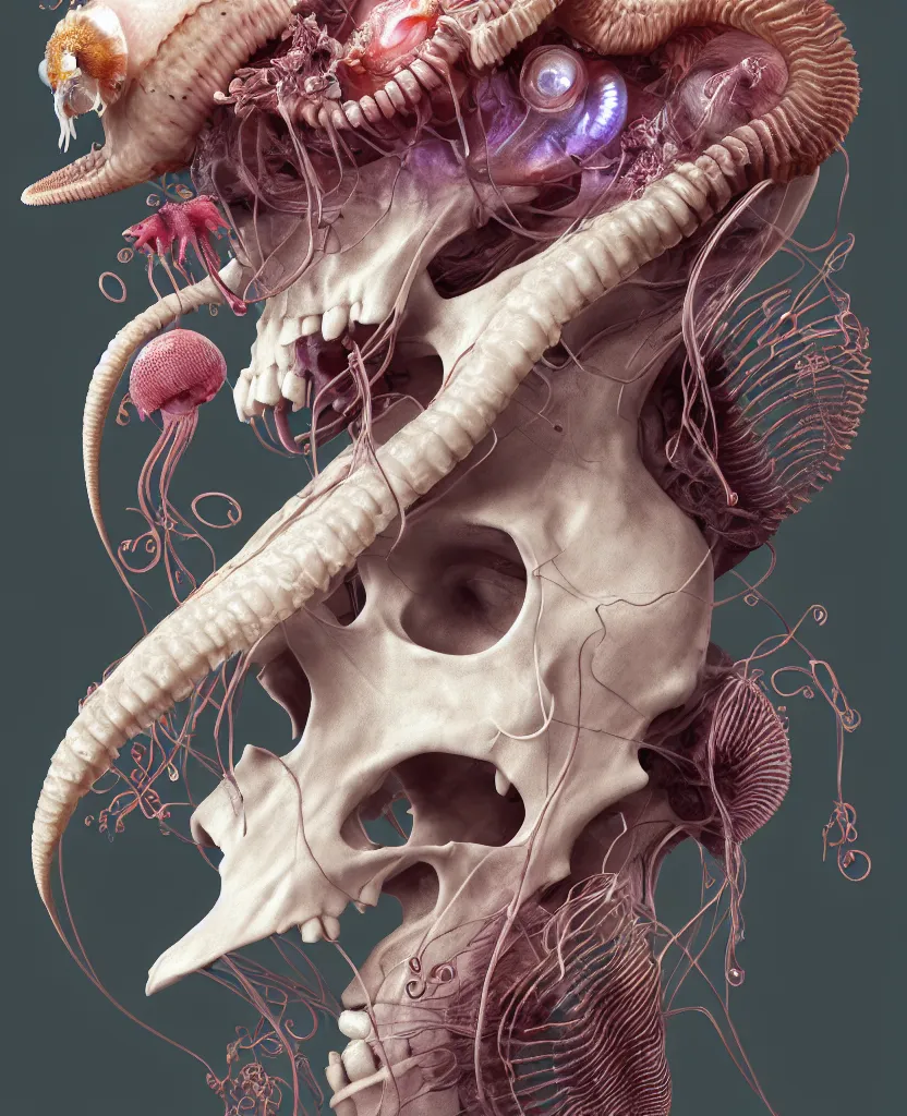 Image similar to goddess close-up portrait ram skull, thorax, x-ray, backbone, jellyfish phoenix head, nautilus, orchid, skull, betta fish, bioluminiscent creatures, intricate artwork by Tooth Wu and wlop and beeple. octane render, trending on artstation, greg rutkowski very coherent symmetrical artwork. cinematic, hyper realism, high detail, octane render, 8k