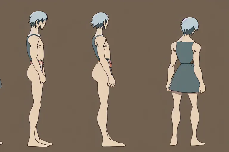 Prompt: a reference sheet containing three pictures of a hero by ghibli studio, front back view and side view, proportions, ready to model,