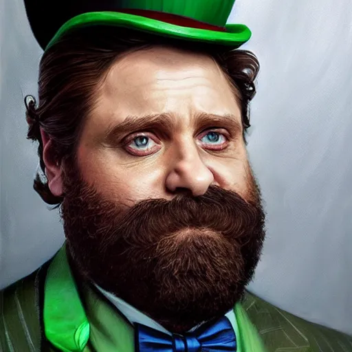 Image similar to hyper realistic portrait painting, beautifully rendered, zach galifianakis as dapper fancy luigi wearing a green top hat, green suit and bowtie, smirking deviously, painted by greg rutkowski, wlop, artgerm, dishonored 2