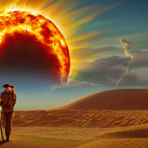 Prompt: giant fiery sun takes up most of the sky, two men look out over the horizon of a desert with plants on fire, highly detailed intricate matte painting