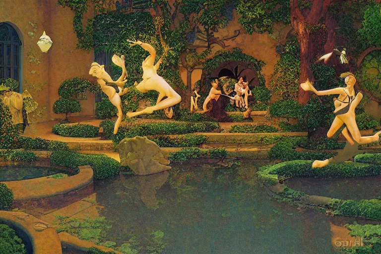 Prompt: a fantasy courtyard scene with dancing frogs, digital painting by maxfield parrish and michael whelan, photorealistic