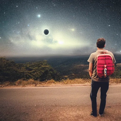 Image similar to a man wearing a backpack looking at the universe