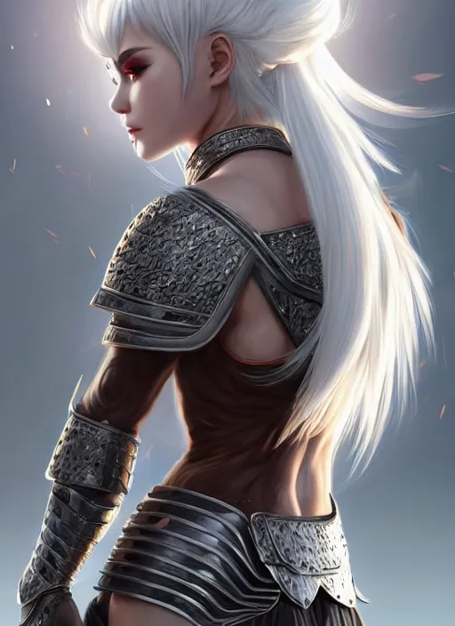 Image similar to warrior, fur leather armor!!! beautiful and elegant white hair female!! gorgeous ayes!! character concept art, sharp focus, octane render! unreal engine 5! highly rendered!! trending on artstation!! detailed linework!! illustration by artgerm, wlop, and chie yoshii