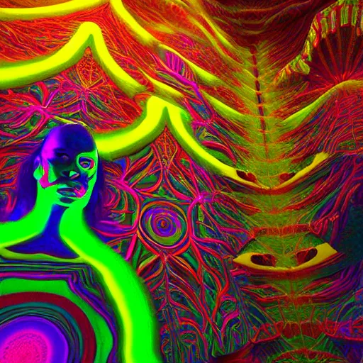 Image similar to a psychedelic 3 d octane render of a dmt trip by jonathan solter and alex grey, hyperrealistic, dramatic lighting, 8 k, unreal engine