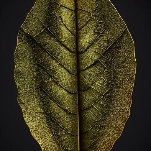 Image similar to Intricate a whole fantasy leaf, encrusted with jewels, shiny gold, detailed veins, sharp focus, octane render, high quality, 8k, volumetric lighting, on black background