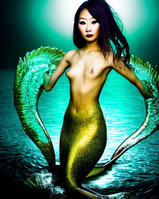 Image similar to medium closeup shot, flash long exposure photography of asian mermaid fashion posing in the lake by peter kemp, sharp focus, high details