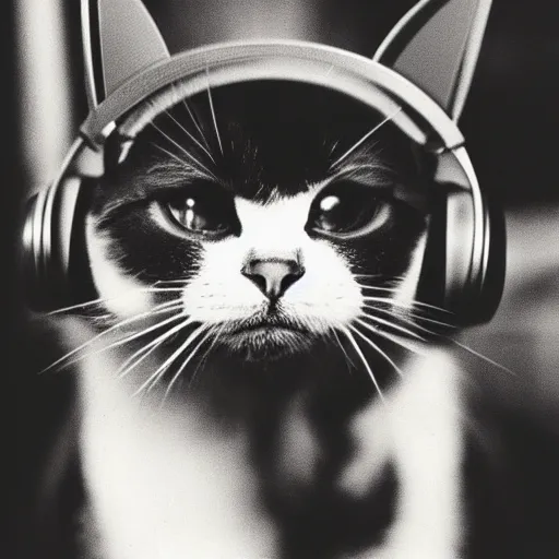 Prompt: a polaroid photo of a cat wearing headphones