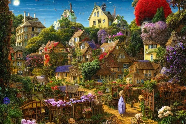 Prompt: quaint village surrounded by gardens by ernst haeckel, david a. hardy, oyama kojima, phil koch, annie leibovitz, benoit mandelbrot, dan mumford, bruce pennington, mimmo rotella