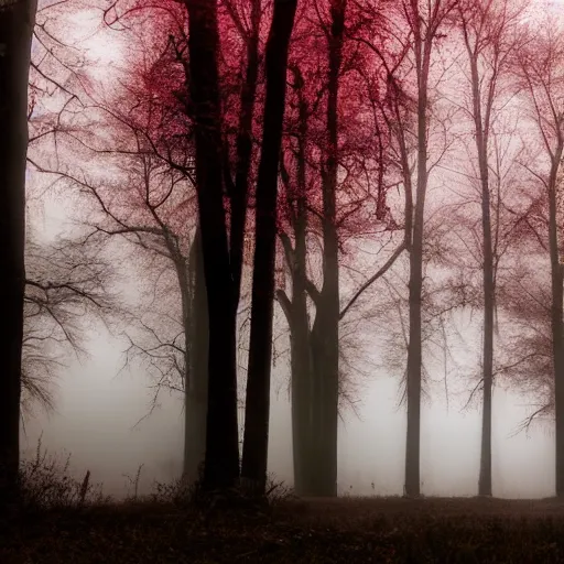 Image similar to a blood red river. gothic. dark ominous trees. moody. atmospheric lighting. foggy.