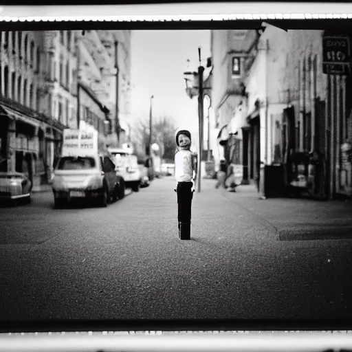 Image similar to 4x5 styled street photography, surreal scene, 35mm lens, black & white, pastel colours overlap, grainy, bokeh, depth of field, dreamy, rule of thirds