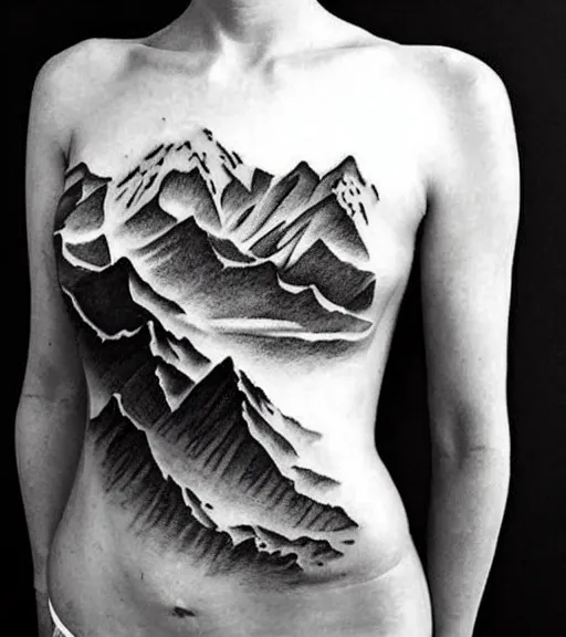 Image similar to tattoo design sketch of an extremely beautiful woman with a background of beautiful mountains on the side, hyper - realistic, double exposure effect, in the style of den yakovlev, amazing detail, black and white, faded