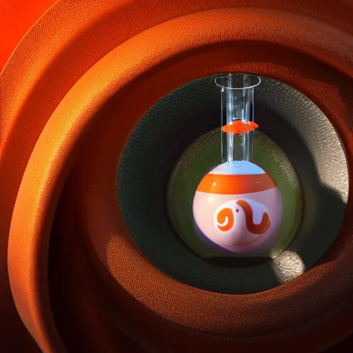 Prompt: an oompa loompa fetus growing in a giant orange bubbling test tube with wires hooked up, octane render, caustics, 4 k, trending on artstation, cute, realistic, vibrant