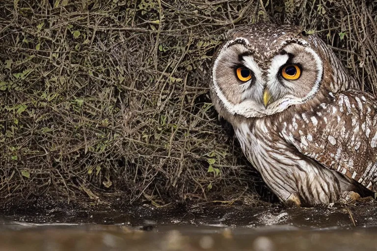 Prompt: wildlife photography of an Owl-bear by Emmanuel Lubezki