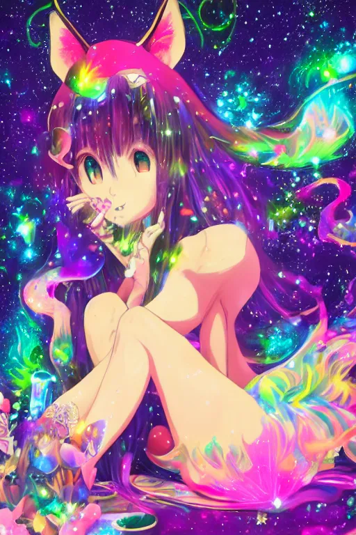 Prompt: psychedelic, whimsical, anime, 4k, beautiful seductive woman with fox ears smoking weed, with professional makeup, long trippy hair, a crystal and flower dress, sitting on a reflective pool, surrounded by gems, underneath the stars, rainbow fireflies, trending on patreon, deviantart, twitter, artstation, volumetric lighting, heavy contrast, art style of Greg Rutkowski and Victoria gavrilenko and Ross Tran