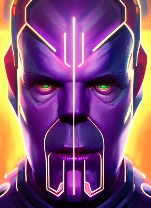 Image similar to symmetry portrait of thanos, sci - fi, tech wear, glowing lights intricate, elegant, highly detailed, digital painting, artstation, concept art, smooth, sharp focus, illustration, art by artgerm and greg rutkowski and alphonse mucha