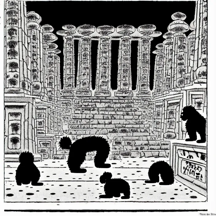 Image similar to a still frame from comic strip, two black furry hairy dogs melting in an ancient temple 1 9 5 0, herluf bidstrup, new yorker illustration, monochrome bw, lineart, manga, tadanori yokoo, simplified,