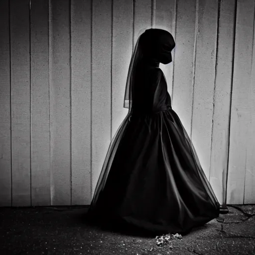 Prompt: ghost girl blindfolded in black wedding dress, hyper-realistic shot from a horror film with a very low angle of view, Leica SL2 30mm, beautiful color, high quality, high texture