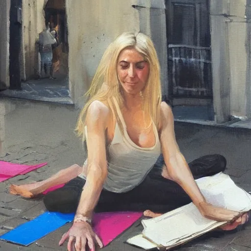 Prompt: a blonde woman in a yoga position selling paintings in Porto, greg rutkowski