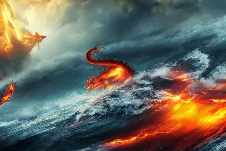 Image similar to fire dragon with lightnings and smoke is fighting against giant water monster with huge waves, CGsociety, full length, exquisite detail, post-processing, masterpiece, volumetric lighting, cinematic, hypermaximalistic, high details, cinematic, 8k resolution, beautiful detailed, insanely intricate details, sharp edges, smooth focus, low angle, tilted