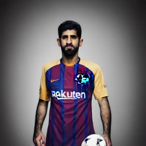 Image similar to portrait, body and torso, sadam hussain, fc barcelona, jersey number 1 0, dark blue, maroon red, photography award winning,