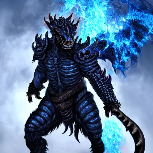 Prompt: a dark blue dragonborn with large tusks, half of his face flaming with blue flame, he wears a black dragon scales armor, large black boots and brown pants, digital art