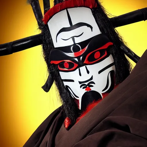 Image similar to big buff strong very buff samurai wearing an oni mask, movie still