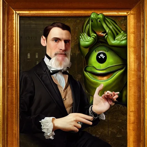 Prompt: anthropomorphic gentleman frog wearing a cravat and hand watches portrait in the museum, highly detailed, sharp focus, digital painting, artwork by Victor Adame Minguez + Yuumei + Tom Lovell + Sandro Botticelli