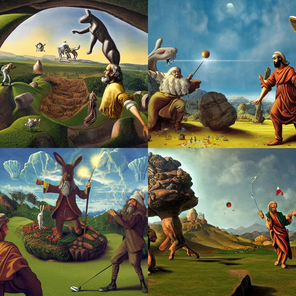 Prompt: jesus сhrist, karl marx and giant rabbit playing golf on planet surface, concept art, detailed, 4k resolution, by Escher