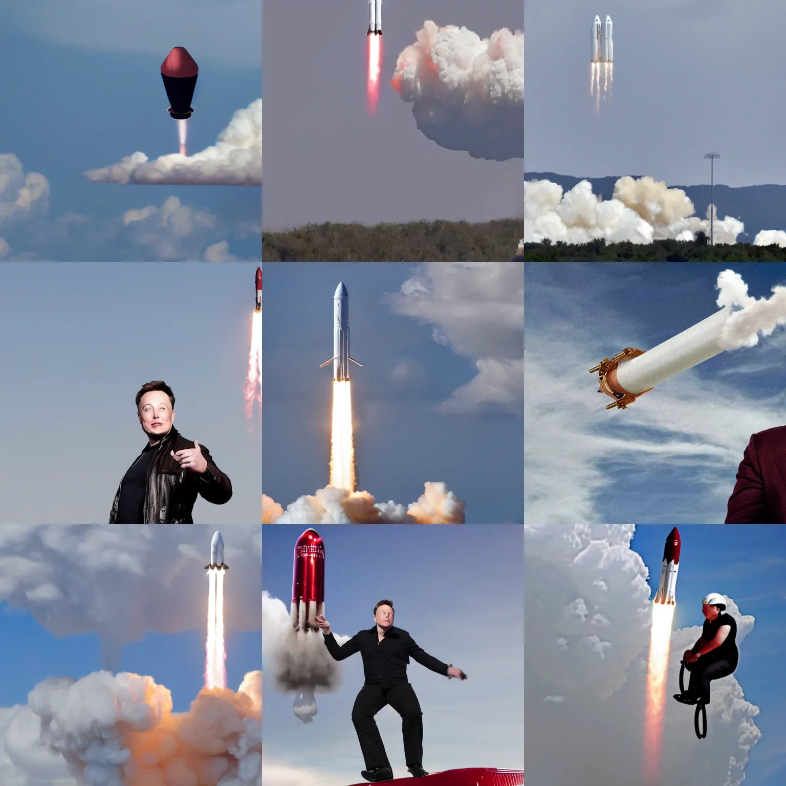Prompt: elon musk riding sidesaddle on a superheavy rocket in the clouds