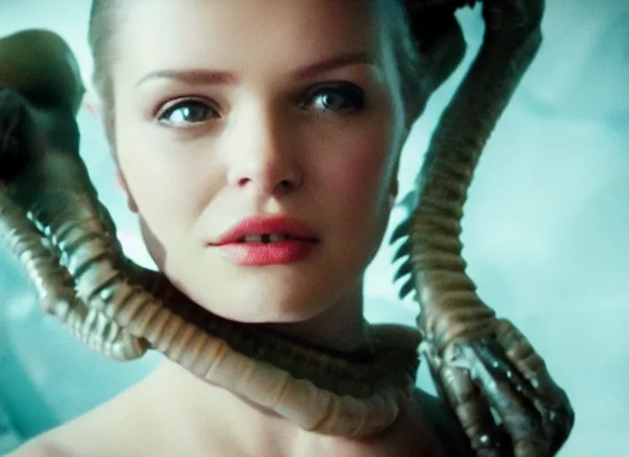 Image similar to movie still of a beautiful woman with a alien facehugger on her face, cinematic full shot.