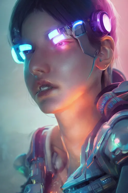 Image similar to beautiful close - up portrait of a cyborg mercenary girl, art by wlop and artgerm and liam wong, cyberpunk, neon, lens flare, elegant, highly detailed, trending on artstation, sharp focus, caustics, octane render, radiant light, 4 k