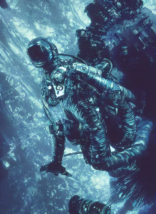 Image similar to astronaut in dark void underwater - complex and hyperdetailed technical suit design. reflection and dispersion materials. rays and dispersion of light. volumetric light. f / 3 2. noise film photo. flash photography. ultra realistic, 5 0 mm. poster by wayne barlowe, hajime sorayama aaron horkey, craig mullins