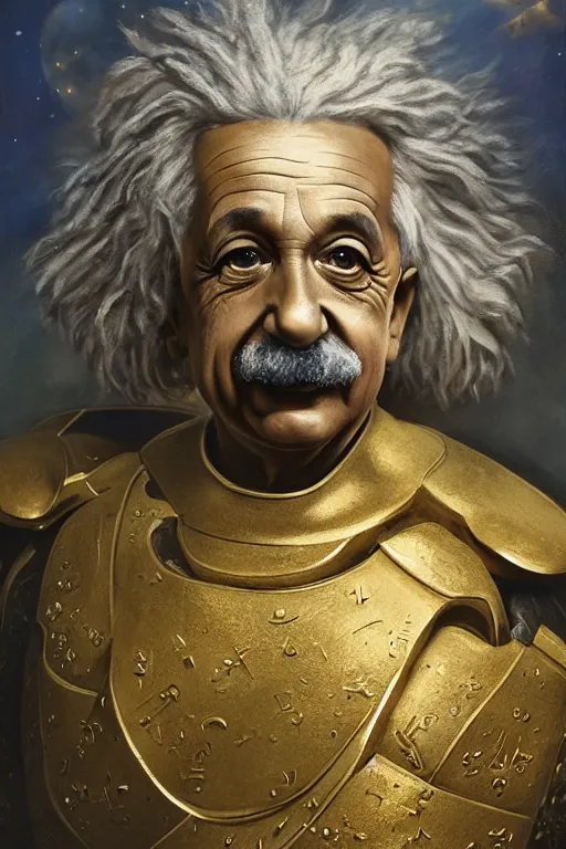 Image similar to breathtakingly beautiful painting of albert einstein in gold armor, thinking about equations, moonlit sky, matte painting by brian froud, shaun tan, wlo and peter mohrbacher, highly detailed, intricate,, award winning artwork, trending on artstation, high quality printing, fine art with subtle redshift rendering