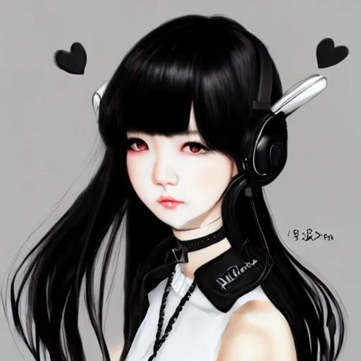 Image similar to realistic beautiful gorgeous natural cute Blackpink Lalisa Manoban black hair cute fur black cat ears, wearing white camisole, headphones, black leather choker artwork drawn full HD 4K highest quality in artstyle by professional artists WLOP, Taejune Kim, Guweiz on Pixiv Artstation