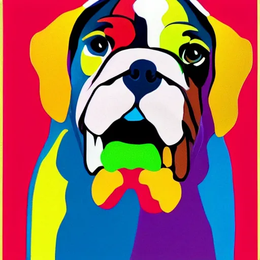 Image similar to rainbow excited smiling bulldog. pop art.