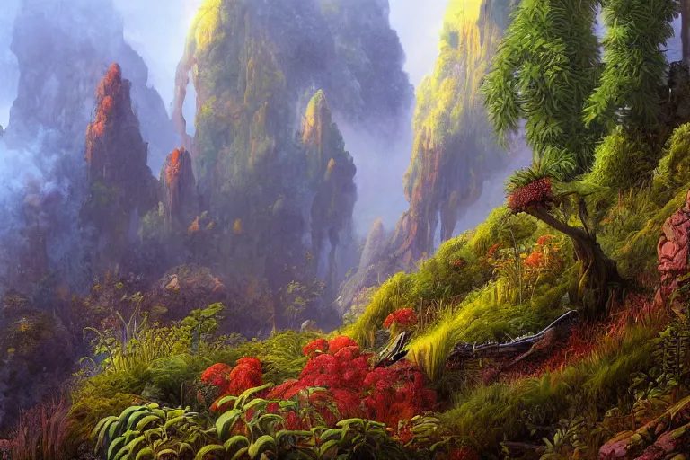 Image similar to digital painting of a lush natural scene on an alien planet by gerald brom. digital render. detailed. beautiful landscape. colourful weird vegetation. cliffs and water. misty and wet.