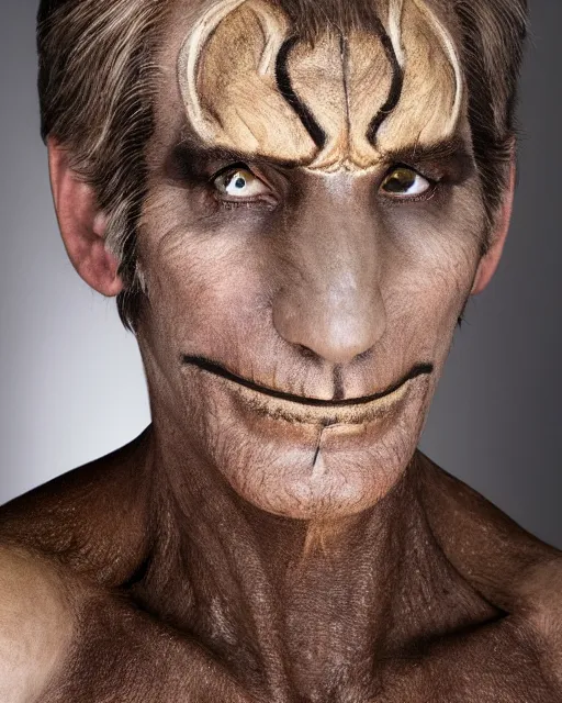 Prompt: actor Scott Bakula in Elaborate Pan Satyr Goat Man Makeup and prosthetics designed by Rick Baker, Hyperreal, Head Shots Photographed in the Style of Annie Leibovitz, Studio Lighting
