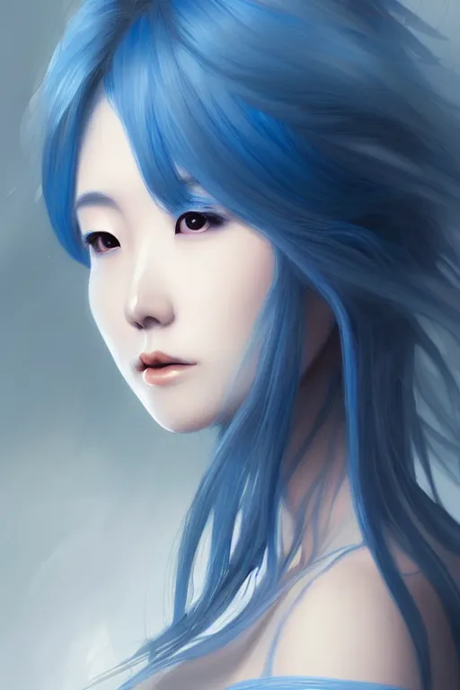 Image similar to a very beautiful japanese woman, erika ikuta, blue hair, fantasy, portrait, sharp focus, intricate, elegant, digital painting, artstation, matte, highly detailed, concept art, illustration, ambient lighting, artgerm